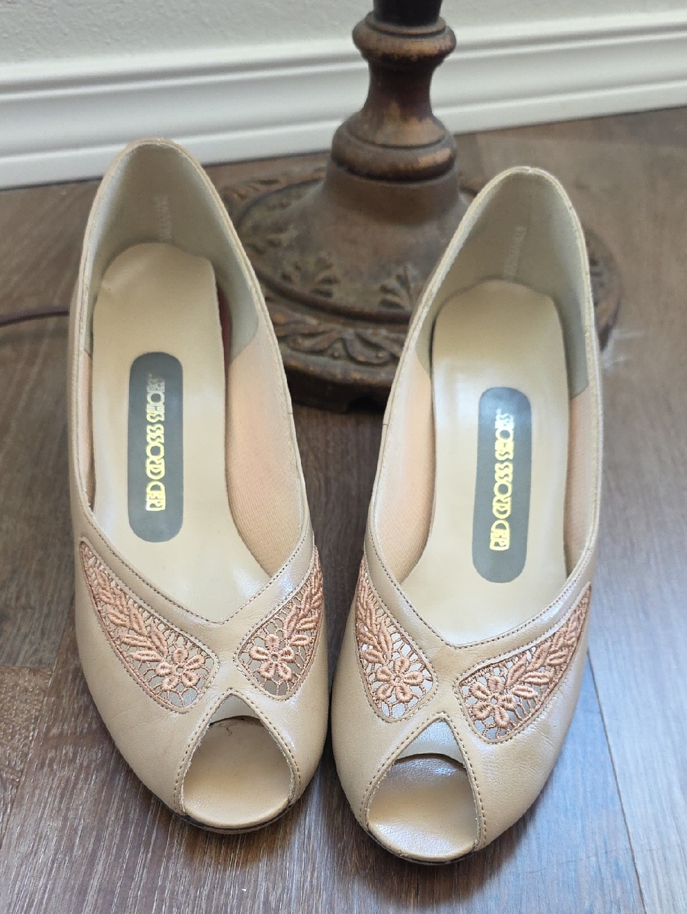 Beige Peep-Toe Heels with Floral Lace Panels by Red Cross Shoes